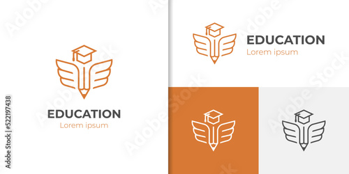 simple education logo design with pen, pencil wings and cap icon design concept for academy, graduation