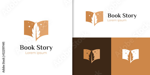 book story life with feather logo icon design can be used author, education, quill ink symbol