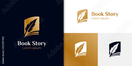 book story life with feather logo icon design can be used author, education, quill ink symbol