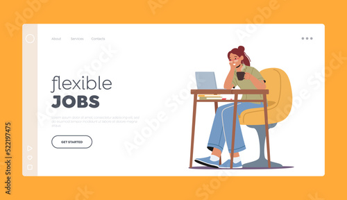 Wallpaper Mural Flexible Jobs Landing Page Template. Relaxed Woman Freelancer Character Working on Laptop Sitting at Desk with Coffee Torontodigital.ca