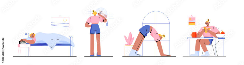 Woman daily routine, day life, schedule, female characters morning ...