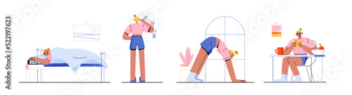 Woman daily routine, day life, schedule, female characters morning habits. Girl sleeping, waking up, brushing teeth, doing yoga exercises, eat breakfast at home, Line art flat vector illustration