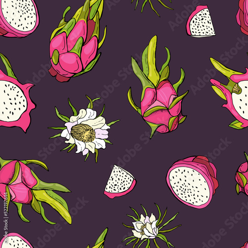 Red dragon fruit. Fruit seamless pattern with pitahaya. Design for fabric, textile, wallpaper, packaging.	