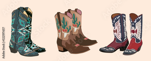 Fotografiet Set of different cowgirl boots - turquoise, brown, red  and blue