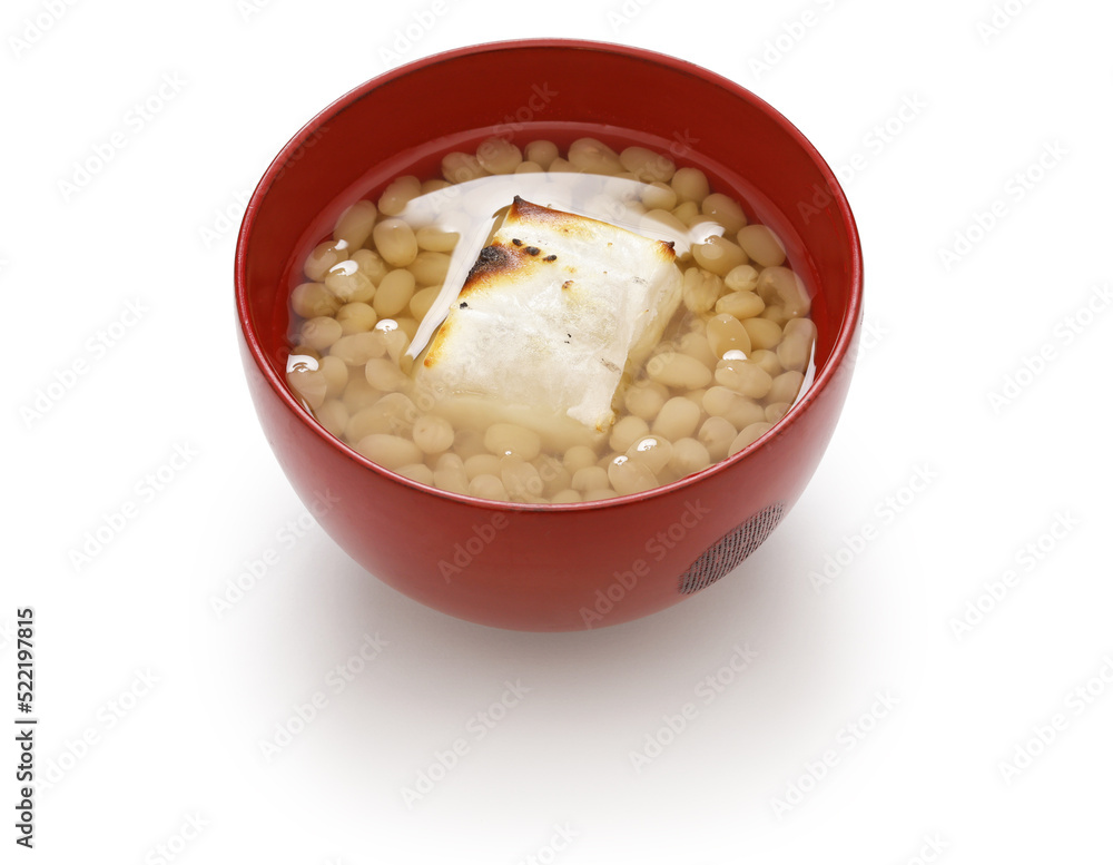 white adzuki Zenzai ( sweet beans soup with baked rice cake), a Japanese dessert white adzuki Zenzai ( sweet beans soup with baked rice cake), a Japanese dessert