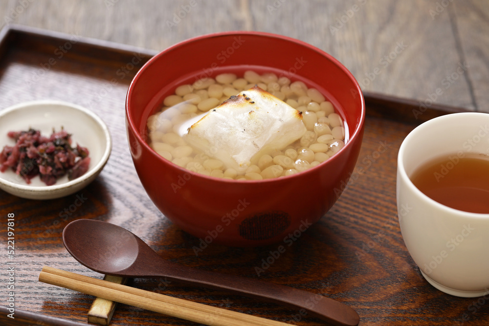 white adzuki Zenzai ( sweet beans soup with baked rice cake), a Japanese dessert white adzuki Zenzai ( sweet beans soup with baked rice cake), a Japanese dessert
