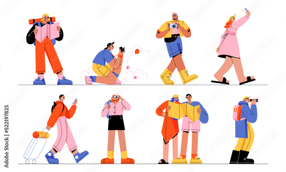 Tourists and travelers characters, people travel, hiking, excursion trip. Men and women group with backpacks, luggage, map and photo cameras traveling abroad, Line art flat vector illustration, set