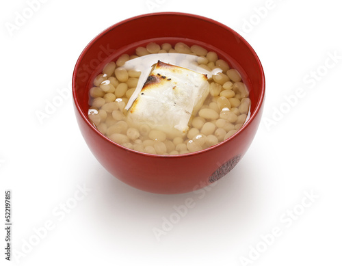 white adzuki Zenzai ( sweet beans soup with baked rice cake), a Japanese dessert photo