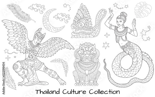 Design set with ethnic Thailand demons and characters, Asian mythology and culture concept