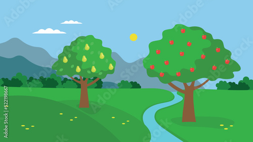 Pear and apple trees in the garden near the stream