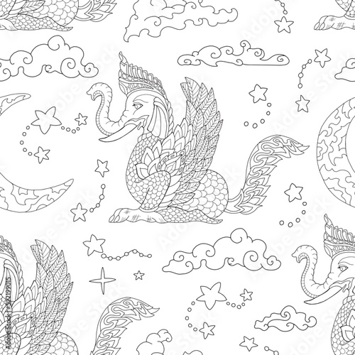 Seamless pattern with ethnic Thailand demons and creatures, doodle hand drawn line art illustrations, Asian mythology and culture concept