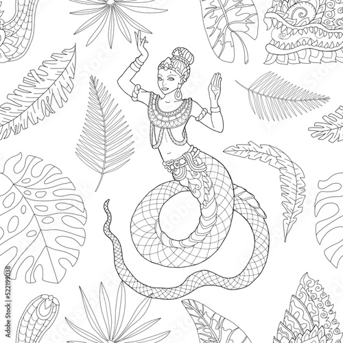 Billede på lærred Seamless pattern with ethnic Thailand demons and creatures, doodle hand drawn li