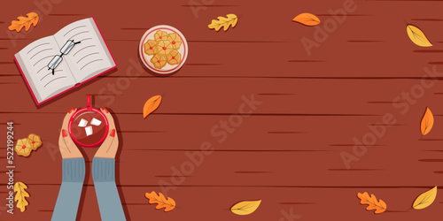 Autumn flatlay background, female hands holding a cup of hot chocolate, cookies, glasses and a book. Cozy fall concept. Vector illustration copy space