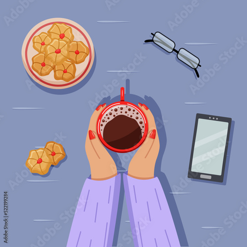 flatlay background, female hands holding a cup of hot chocolate, cookies, glasses and smart phone. Vector illustration.