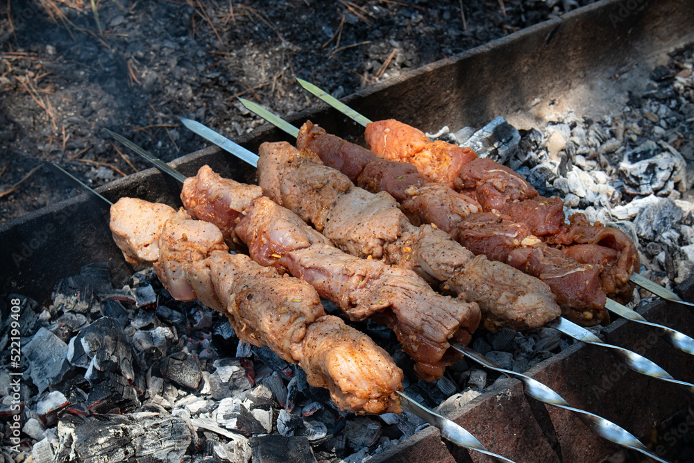 The meat is roasted on the coals of a fire Barbecue cooked on the grill