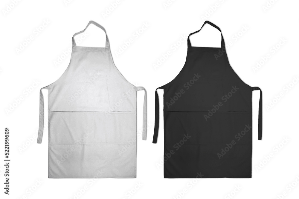 Blank black and white apron with strap and pockets mockup set, top view ...
