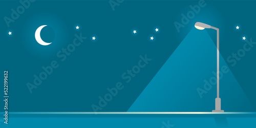 Streetlight lamp pole illumination at night time in the park with moon stars on blue background banner flat icon vector design.