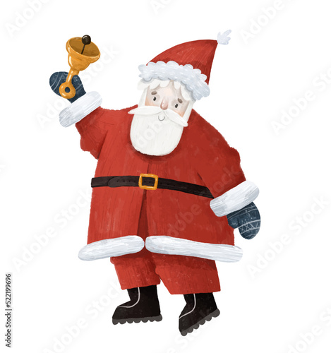 santa claus with gold bell, cute childish hand painted illustration. Baby design for print, invitation, postcards, cards, posters and banners