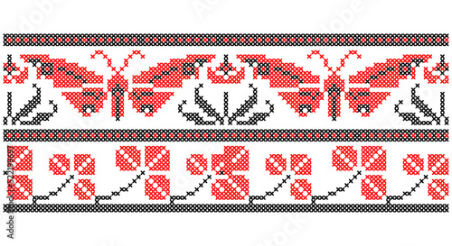Ukrainian, folk art vector seamless pattern, retro monochrome long cross-stitch ornament inpired by folk art - Vyshyvanka. Slavic traditional black and white ornament from Eastern Europe