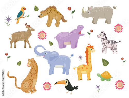 African animals set. Stickers with wild inhabitants of savanna or jungle. Cheetah, elephant and giraffe, zebra and hippopotamus, toucan and parrot. Cartoon flat vector collection isolated on white