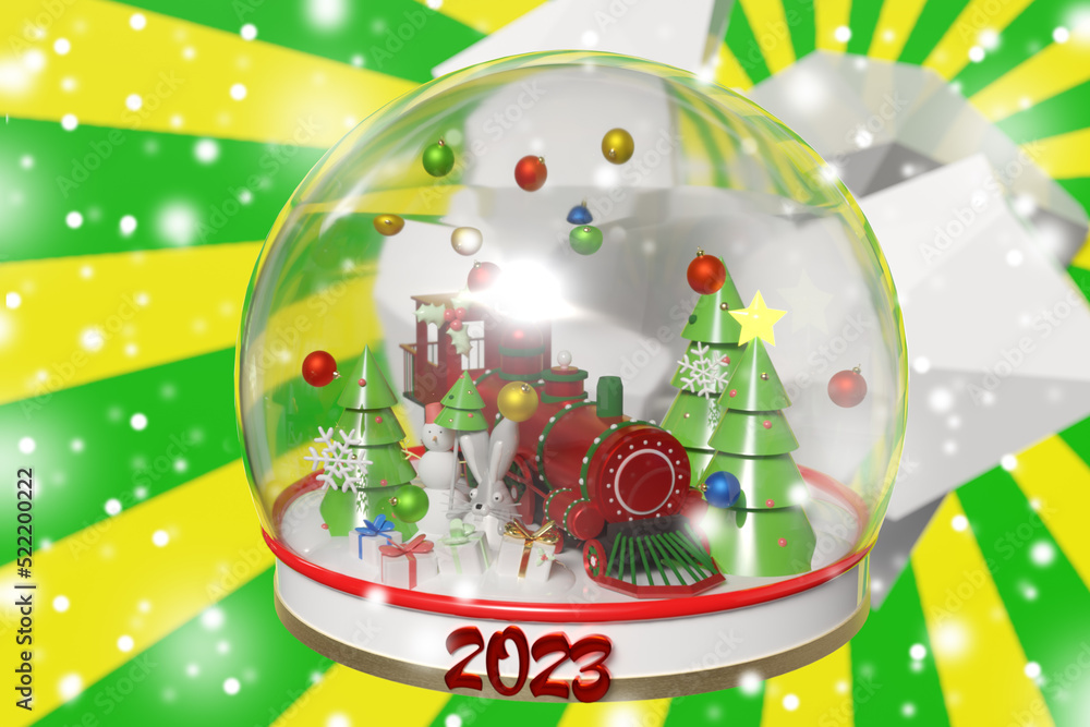 Festive background with a vintage steam locomotive in a snow globe.