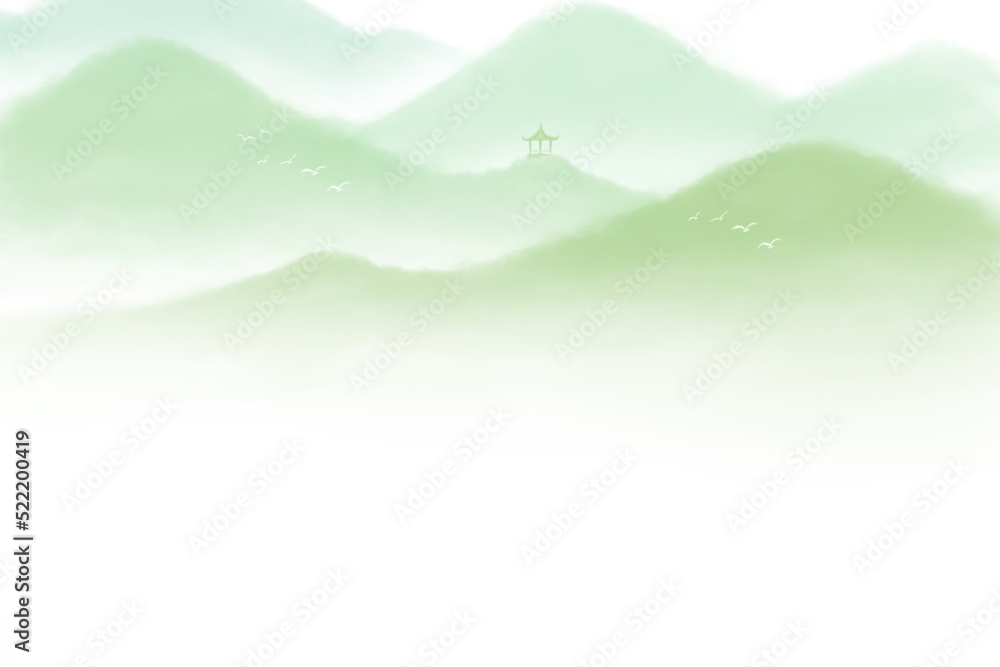 The White Cloud and Sky and Green Mountains. Watercolor Style Artwork Background. Book Illustration. Video Game Scene. Serious Digital Painting. CG Artwork Background.