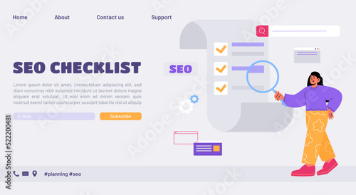 Seo checklist banner. Concept of search engine optimization audit, technical quality analysis. Vector landing page with flat illustration of women with magnifier and list with check boxes