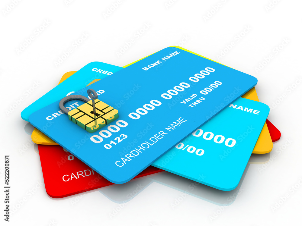 3d rendering credit or debit card protection lock 3d rendering credit or debit card protection lock