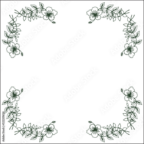 Beautiful vegetal ornamental frame with flowers, decorative border, corners for greeting cards, banners, business cards, invitations, menus. Isolated vector illustration.