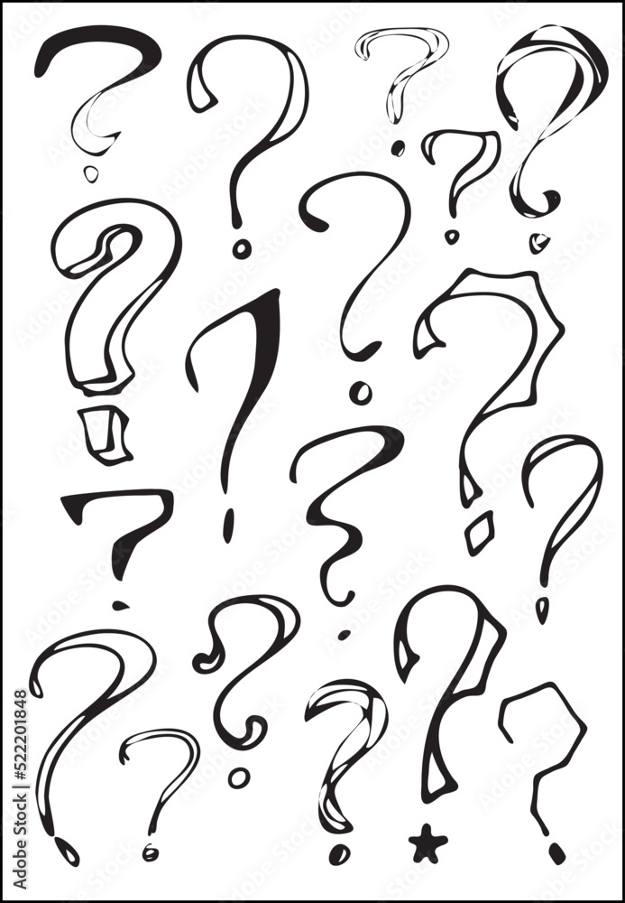Set of interrogation signs in black and white. Funny question marks. Vector illustrations. Set of interrogation signs in black and white. Funny question marks. Vector illustrations.
