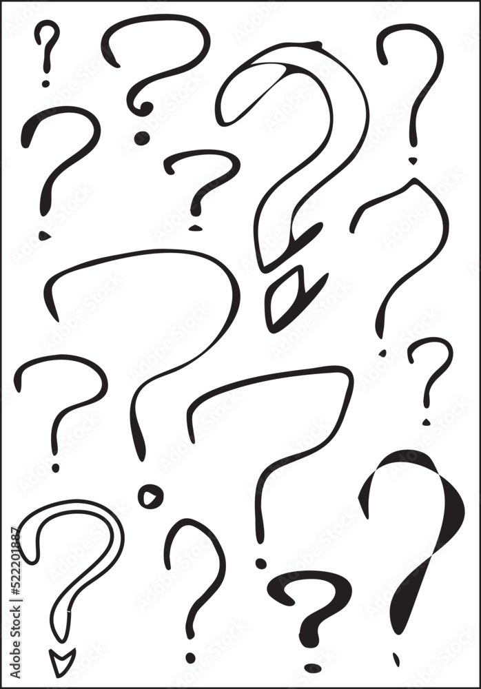 Set of interrogation signs in black and white. Funny question marks. Vector illustrations. Set of interrogation signs in black and white. Funny question marks. Vector illustrations.