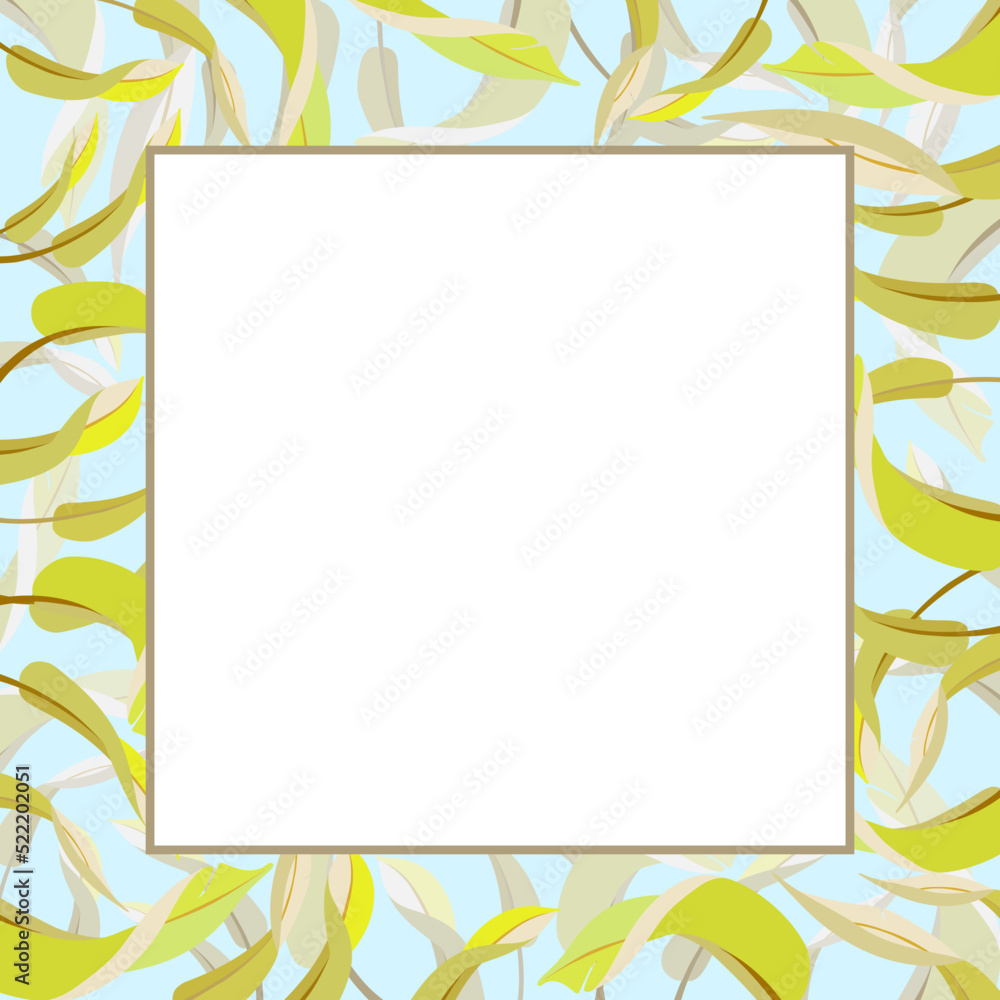 Vector bright square frame with banana leaves on blue background. Vector bright square frame with banana leaves on blue background.