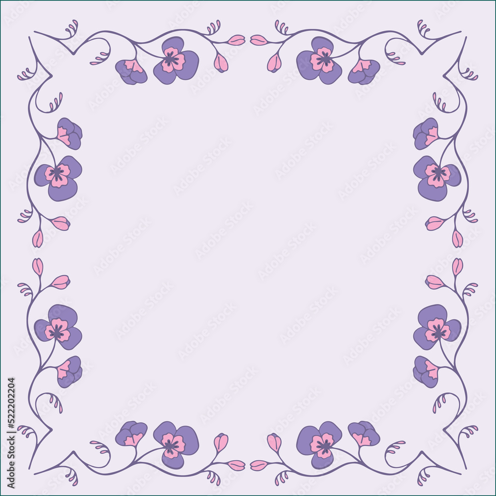 Violet ornamental frame, decorative border with flowers, corners for greeting cards, banners, invitations, menus, wedding decoration. Isolated vector illustration.