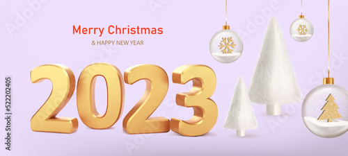 Happy New Year 2023. Numbers 2023 with fur balls and white fur Christmas trees on lilac background. Trendy Xmas background with glass balls, glitter golden confetti. Realistic vector illustration