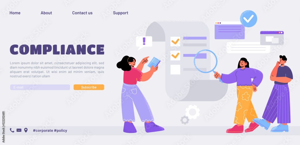 Compliance landing page, characters read corporate rules. Representation of business laws, regulations and standards, ethical practices, terms of firm concept, Line art flat vector web banner Compliance landing page, characters read corporate rules. Representation of business laws, regulations and standards, ethical practices, terms of firm concept, Line art flat vector web banner