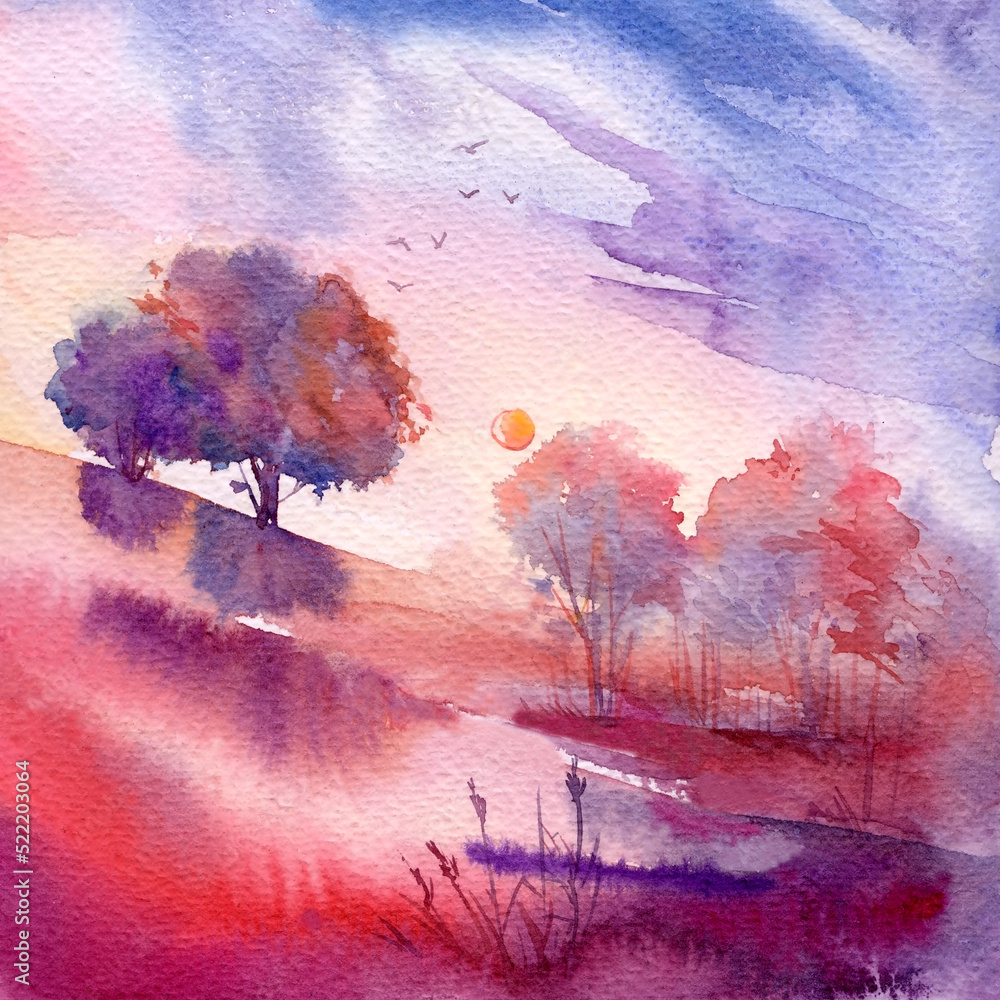 Sunset, lush purple clouds, blue sky, beautiful romantic watercolor landscape illustration, hand painted background 