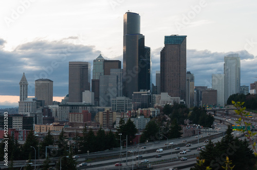 Sunset over traffic at Interstate 5 in front of Seattle downtown from the Dr. Jose Rizal Park  Seattle  USA