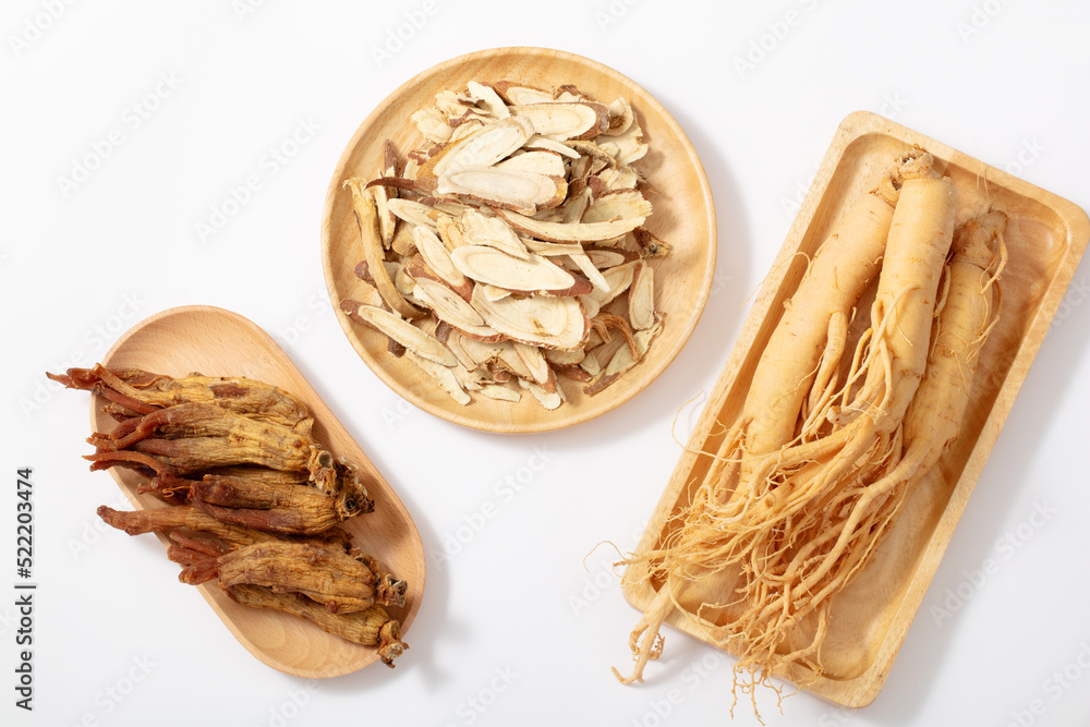 ling zhi mushroom and ginseng and ingredient traditional medicine on white background ling zhi mushroom and ginseng and ingredient traditional medicine on white background