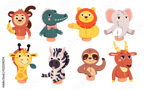 Finger or hand dolls set for puppet theater vector illustration. Cartoon isolated handmade marionette characters for show in theatre  funny monkey sloth zebra giraffe crocodile lion elephant goat