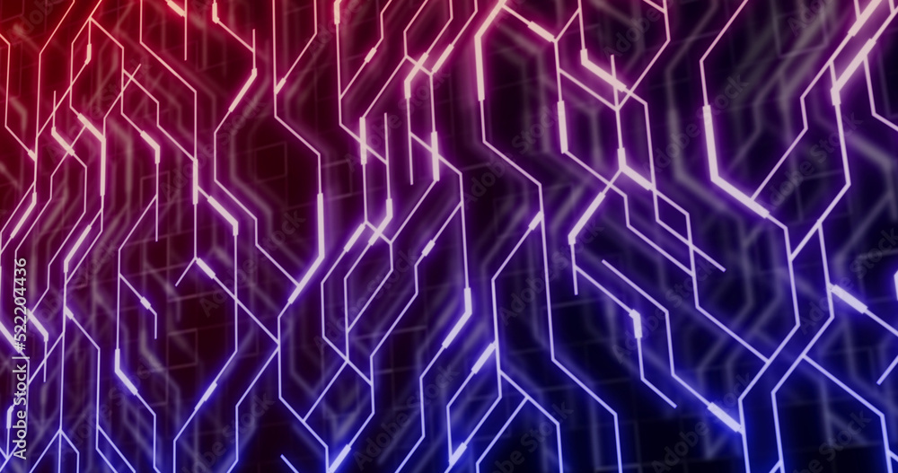 Obraz premium Image of neon integrated circuit on black and violet background