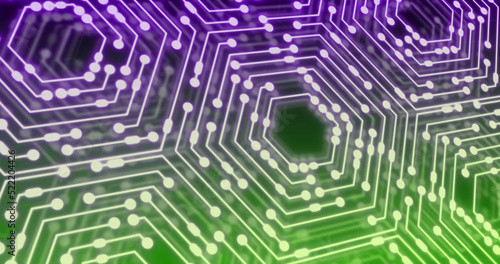 Image of neon integrated circuit on purple and green background