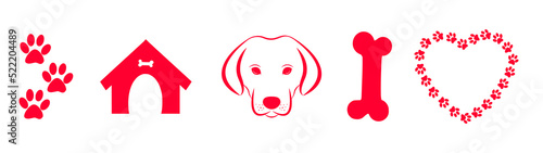 Dog Love Heart with cute puppy face and dog paw in heart shape  bone  dog kennel house vector illustration set. Best used for pet care  dog lovers  pet-friendly logo.  