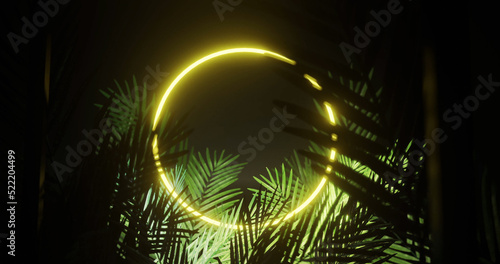 Image of leaves over yellow neon circle on black background