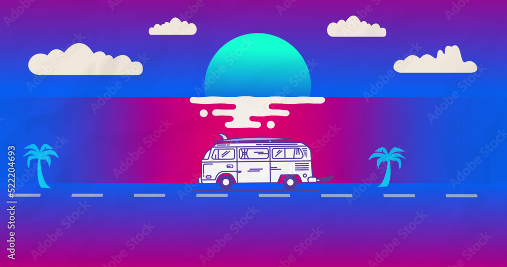 Obraz premium Image of sun over water, palm trees, bus and clouds on blue background