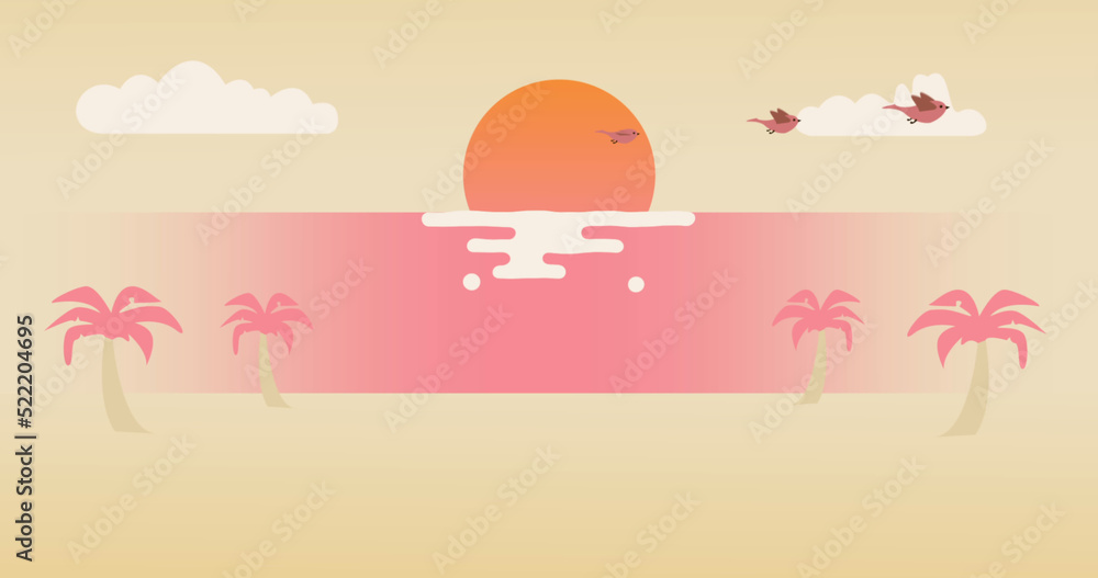 Obraz premium Image of sun over water, palm trees and clouds on beige background