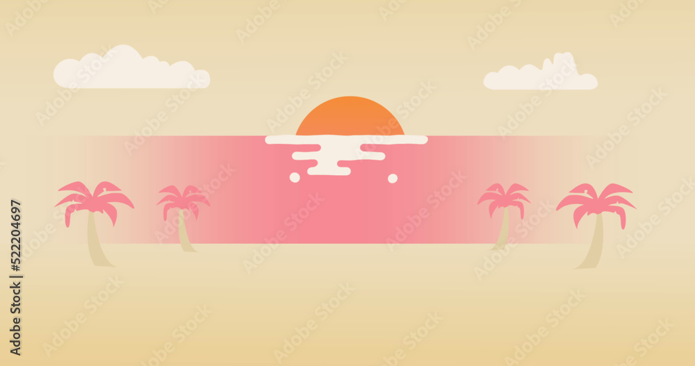 Fototapeta premium Image of sun over water, palm trees and clouds on beige background