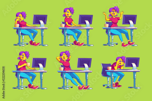 Girl freelancer work on computer with different emotions. Concept of freelance, remote job. Woman worker happy, angry, busy, burnout, relax and at coffee break, illustration in contemporary style