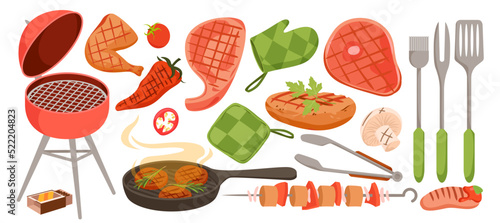 BBQ set, hot barbecue grilled food vector illustration. Cartoon isolated barbeque menu for summer party with meat on skewer and sausage, beef steak and vegetables, kitchen equipment and tools