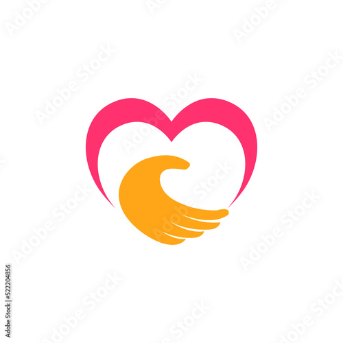 Love care logo design template. Hand with love shape illustration