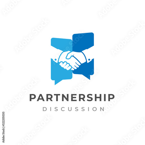 Partnership discussion logo design. Handshake isolated on bubble chat illustration